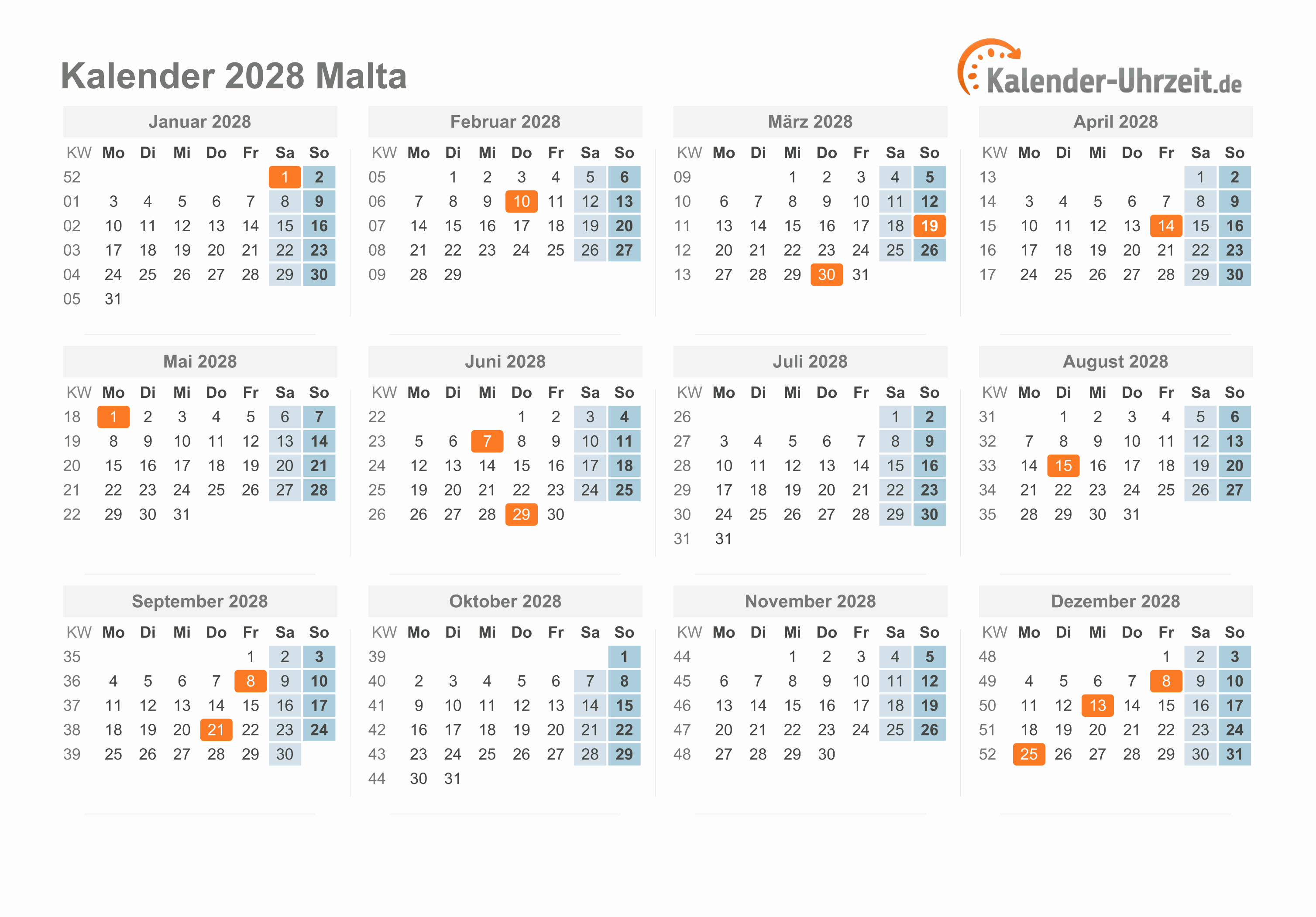 Kalender 2028 Malta mit Feiertagen