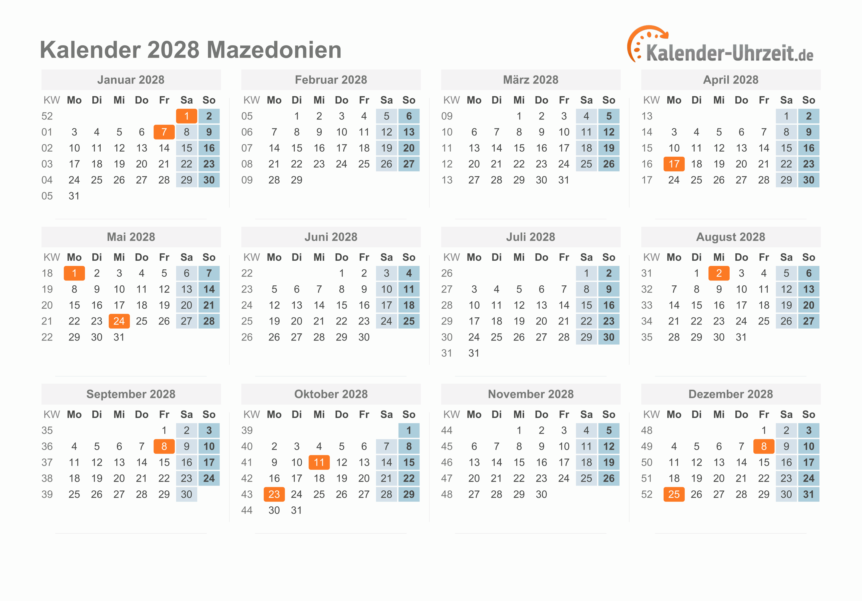 Kalender 2028 Mazedonien mit Feiertagen