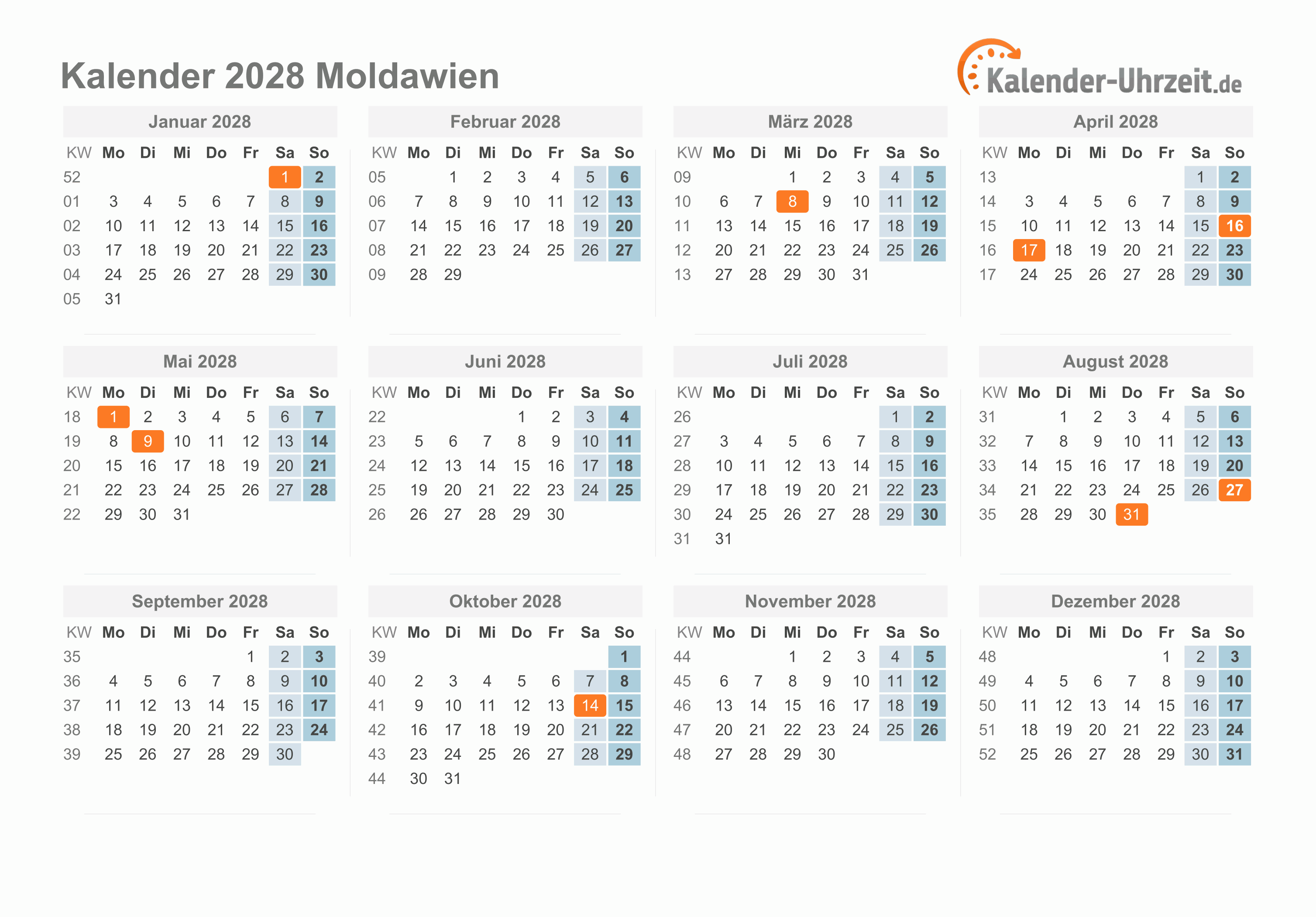 Kalender 2028 Moldawien mit Feiertagen