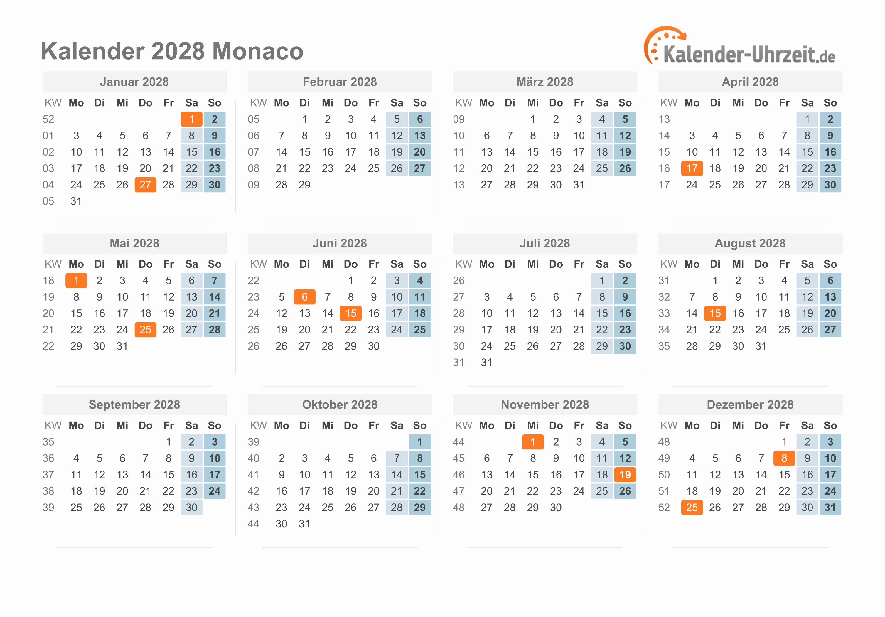 Kalender 2028 Monaco mit Feiertagen