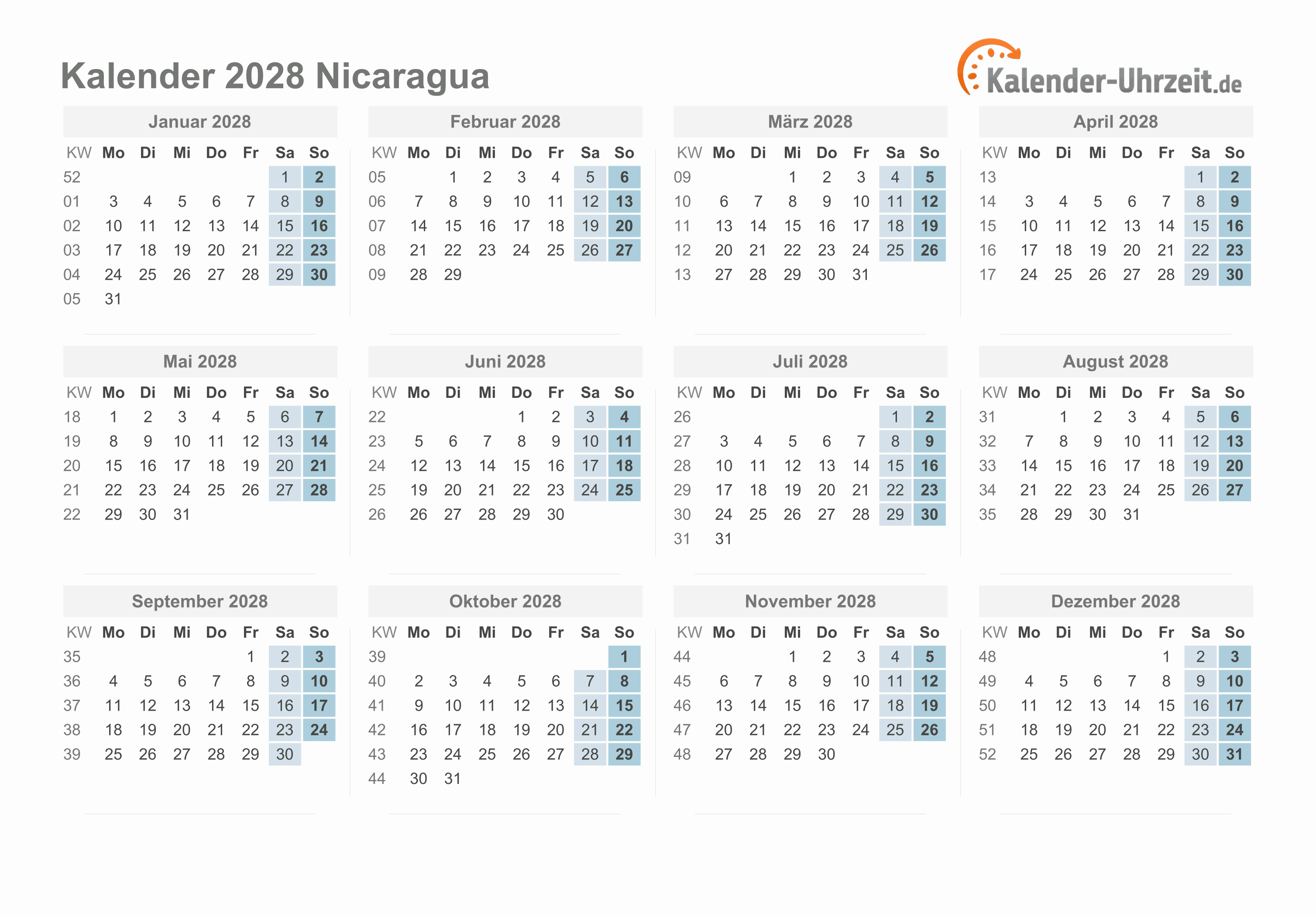 Kalender 2028 Nicaragua mit Feiertagen