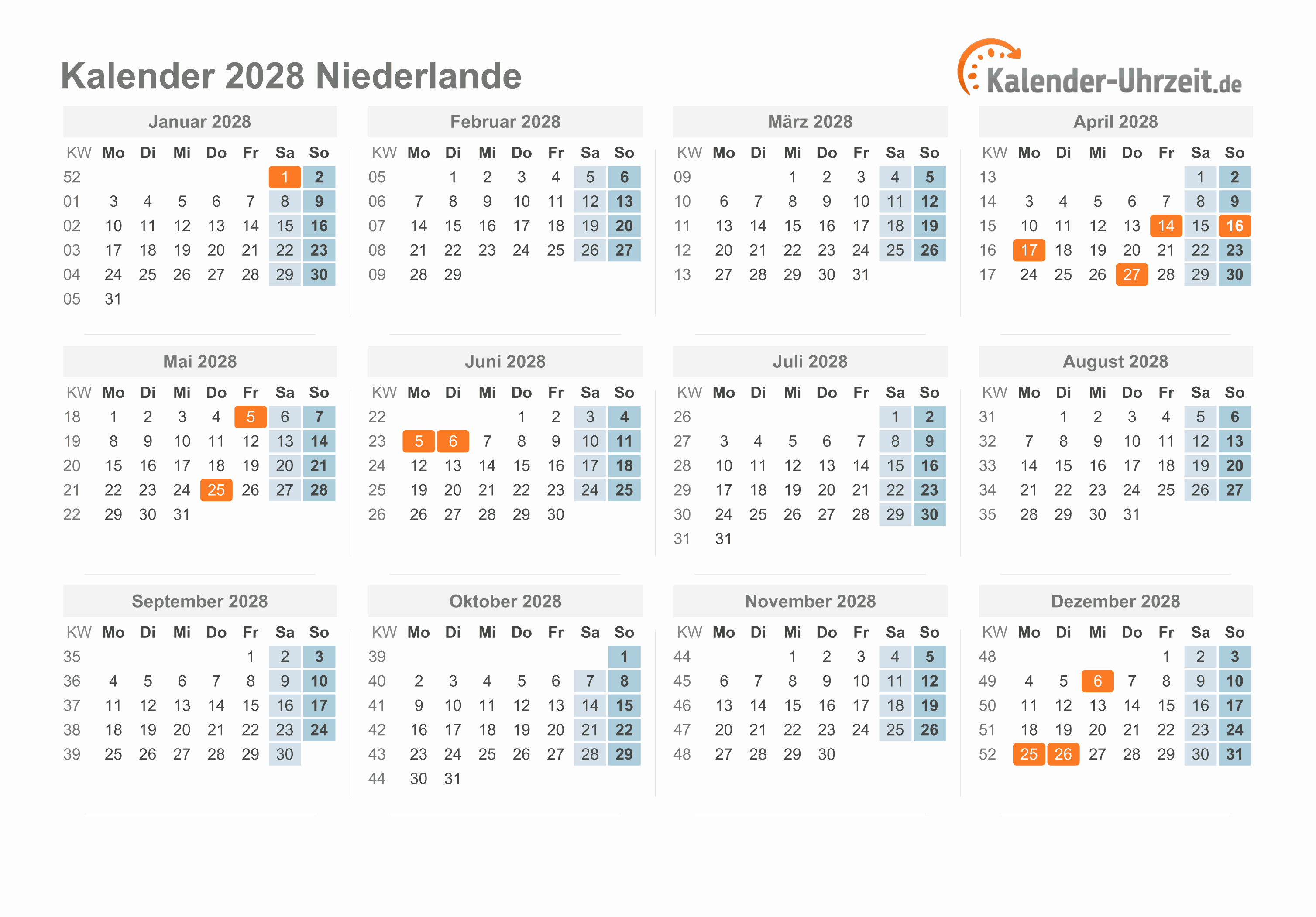 Kalender 2028 Niederlande mit Feiertagen