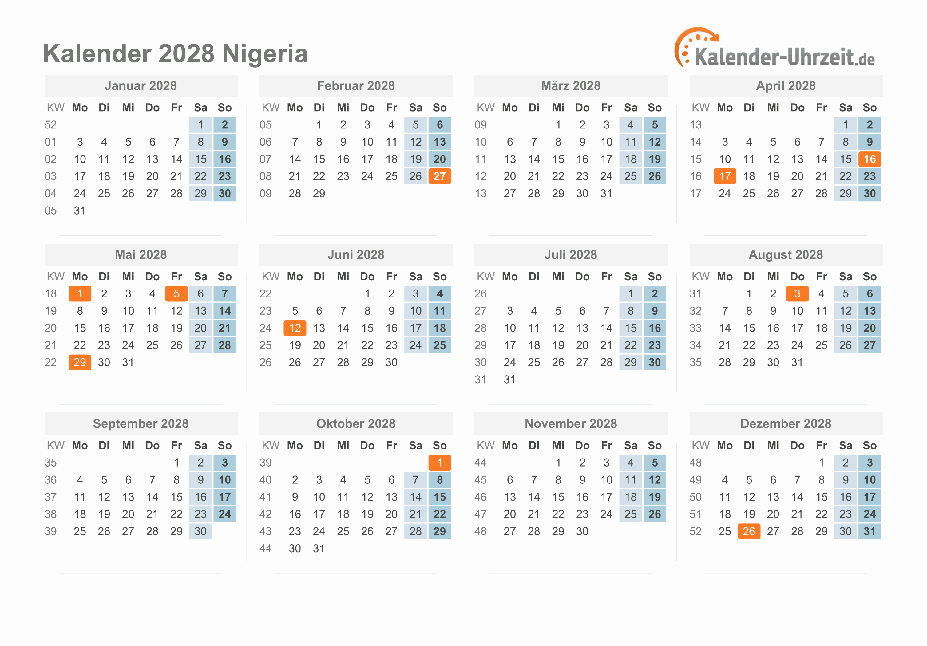 Kalender 2028 Nigeria mit Feiertagen