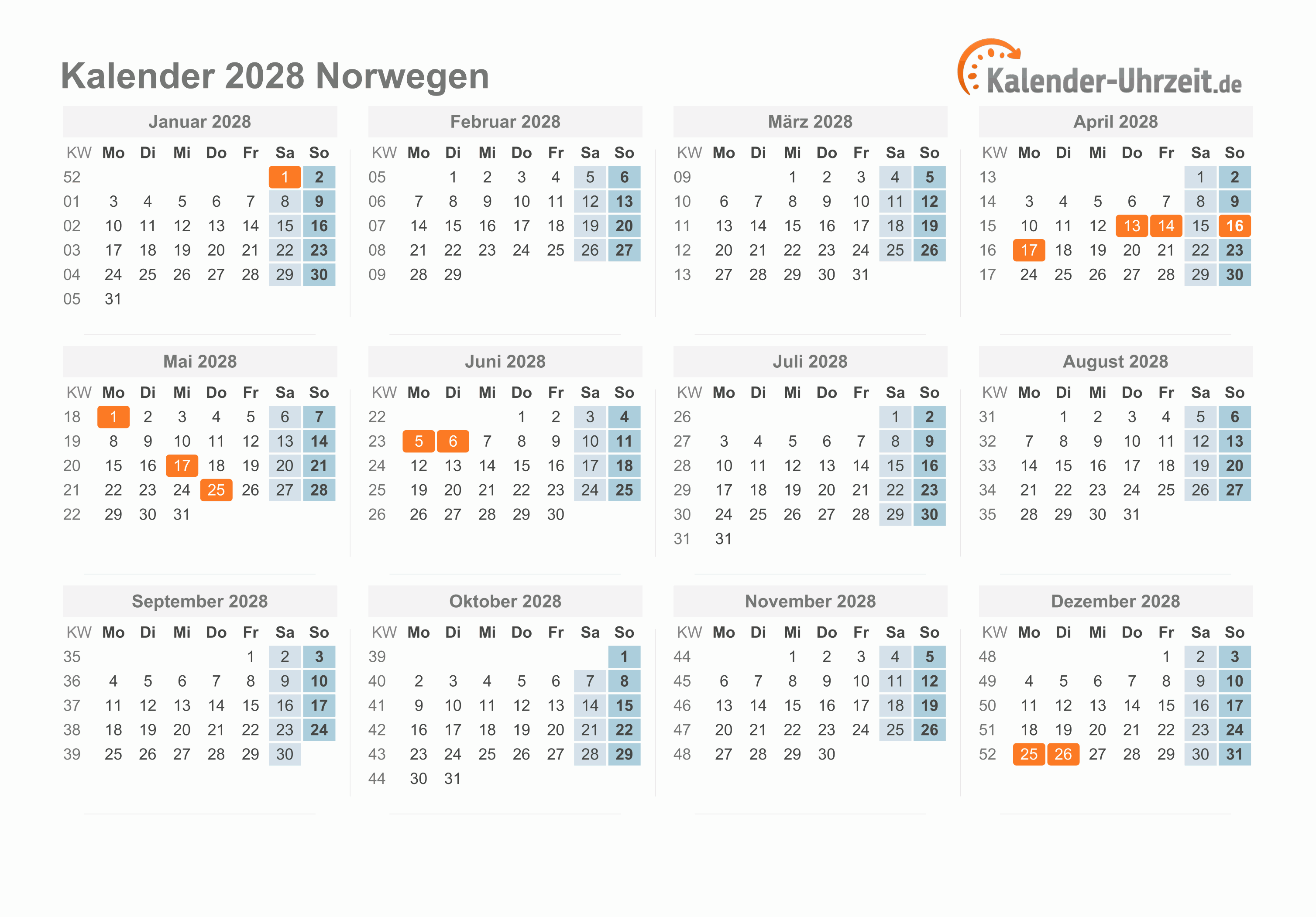 Kalender 2028 Norwegen mit Feiertagen