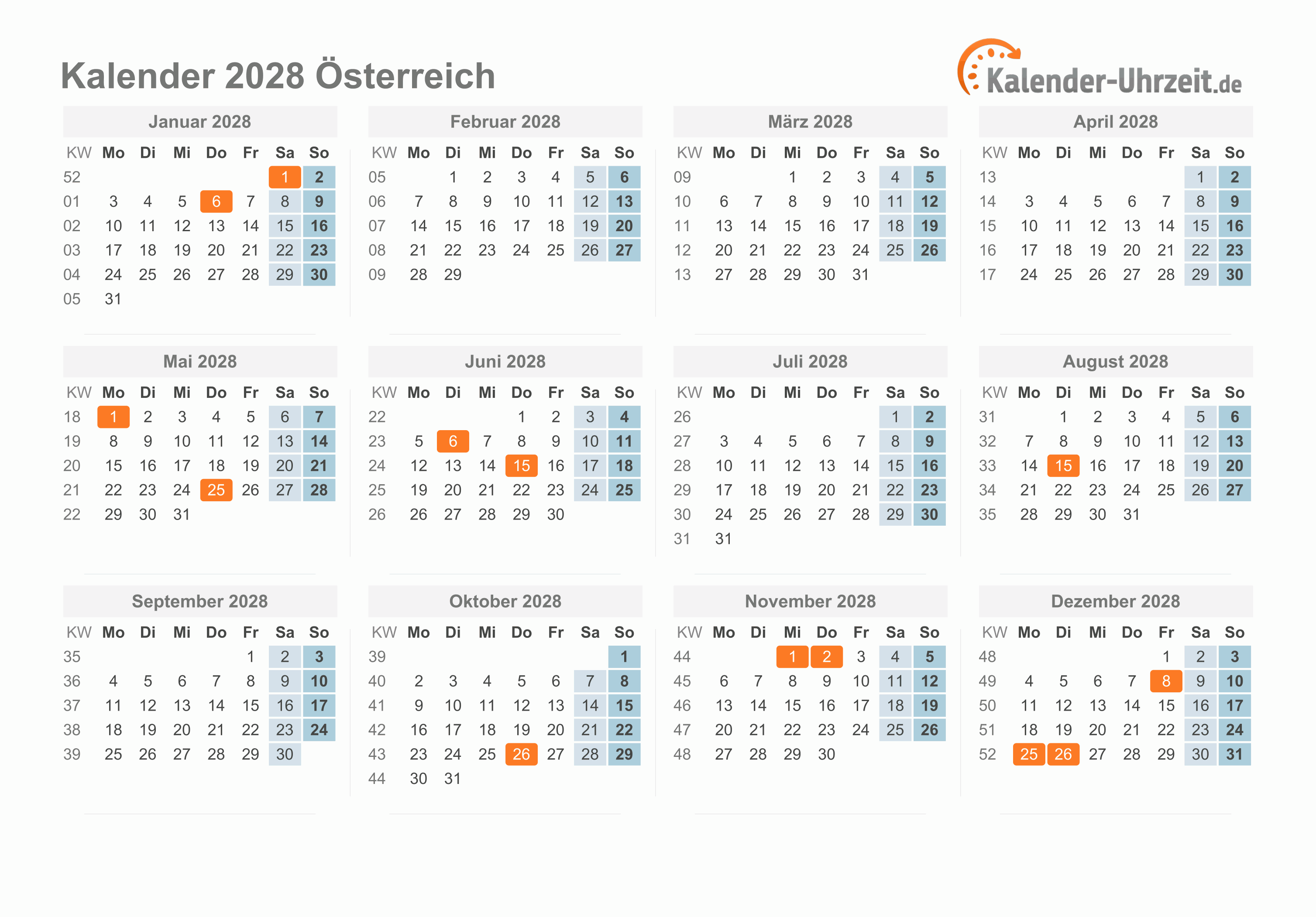 Kalender 2028 Österreich mit Feiertagen