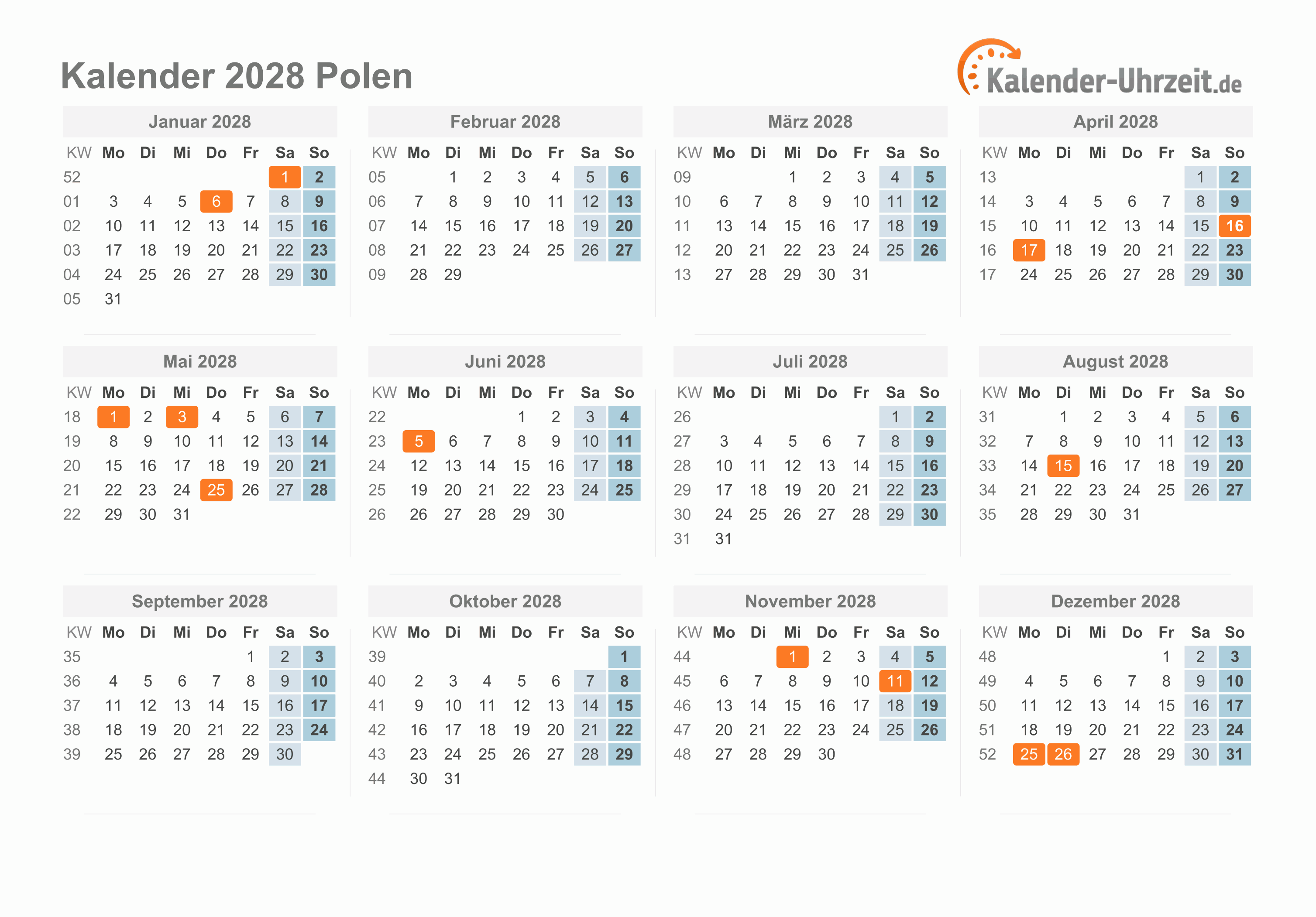 Kalender 2028 Polen mit Feiertagen