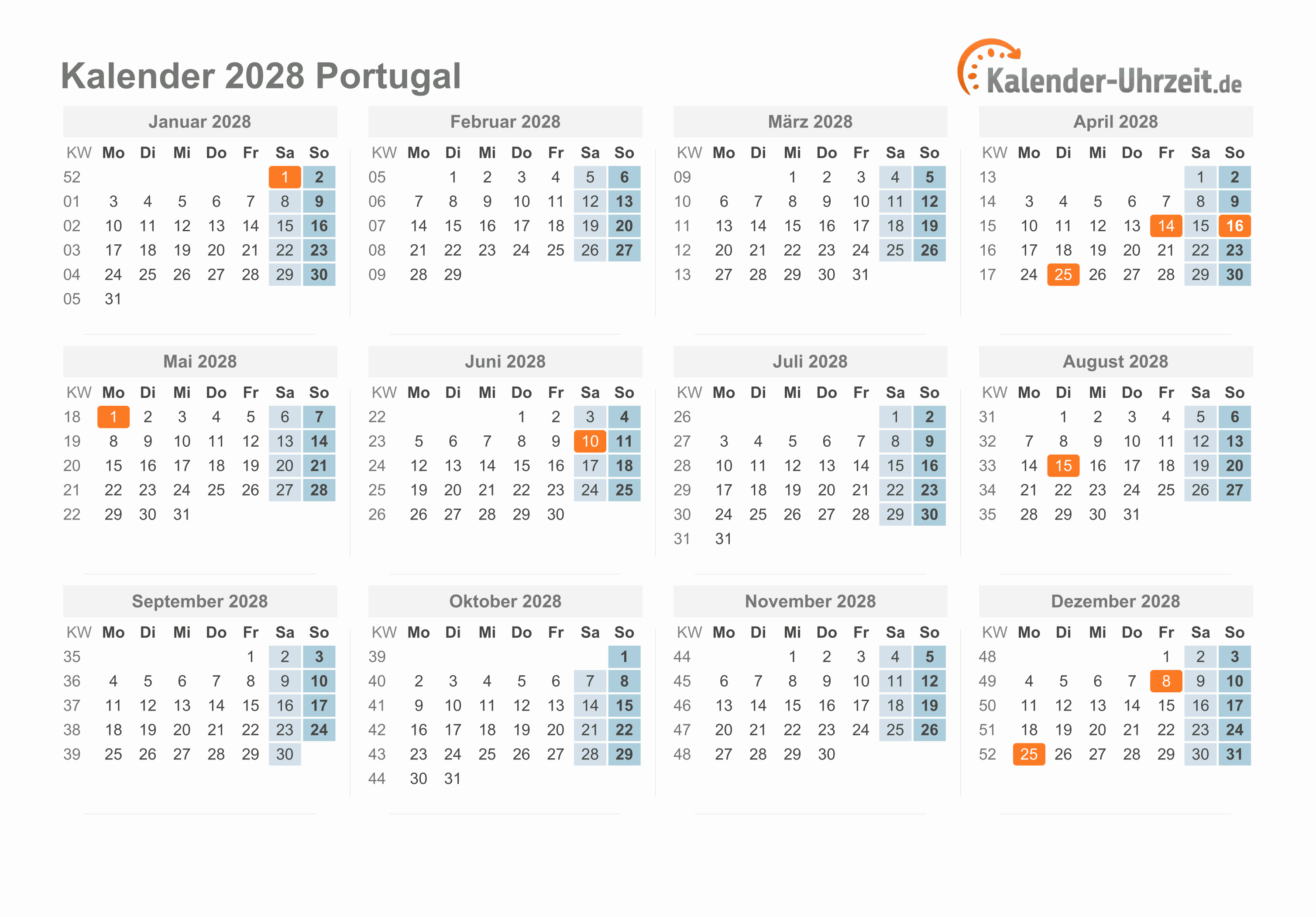 Kalender 2028 Portugal mit Feiertagen
