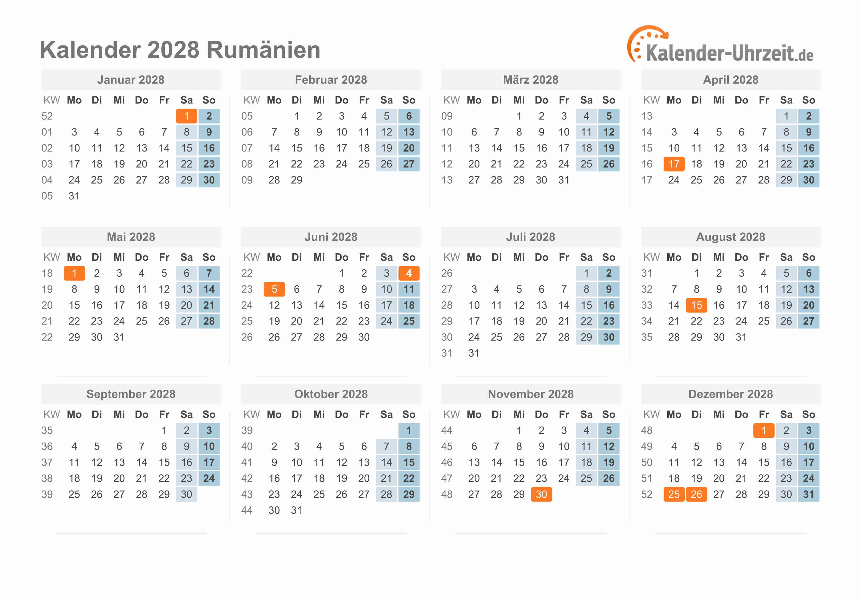Kalender 2028 Rumänien mit Feiertagen