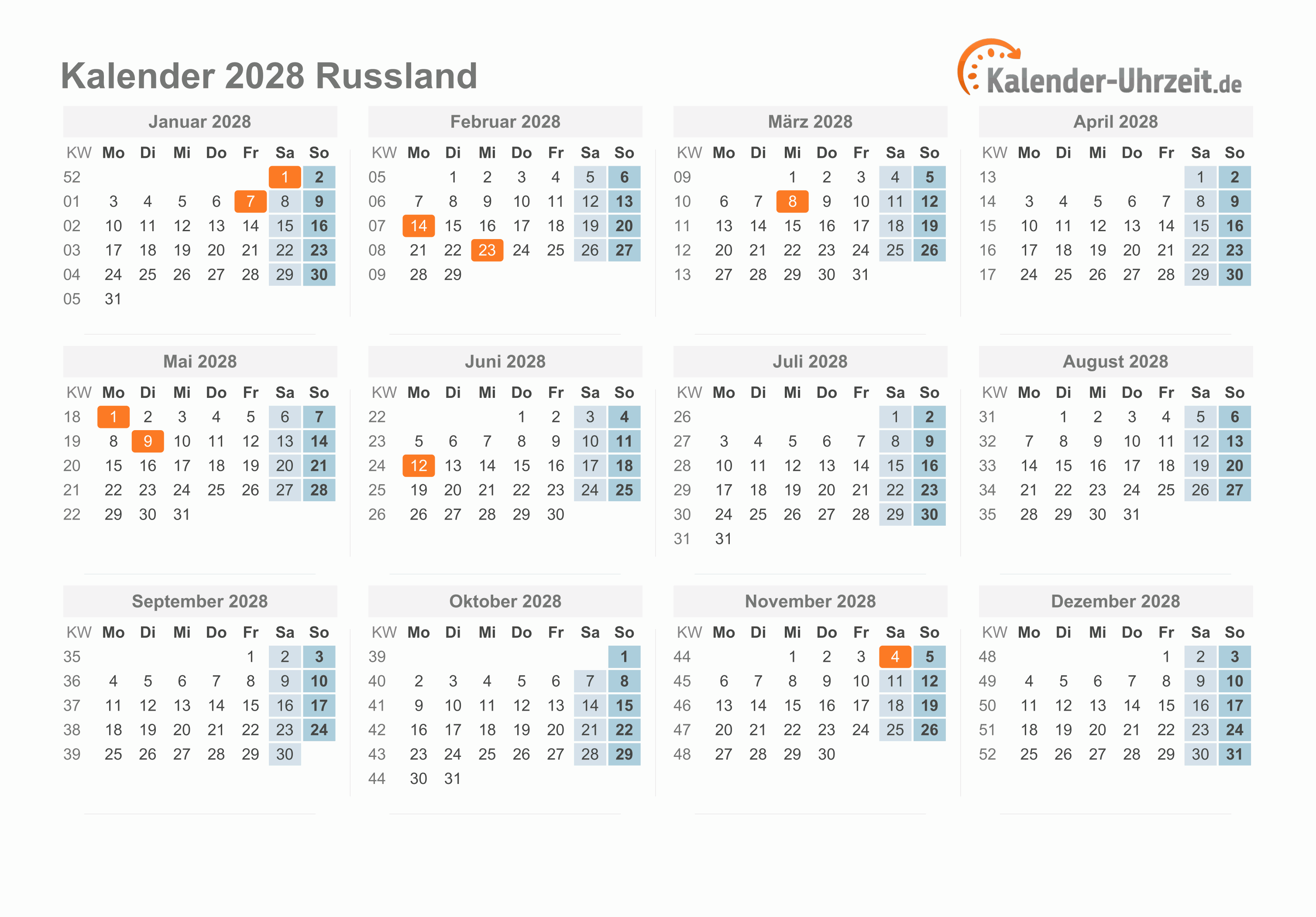 Kalender 2028 Russland mit Feiertagen