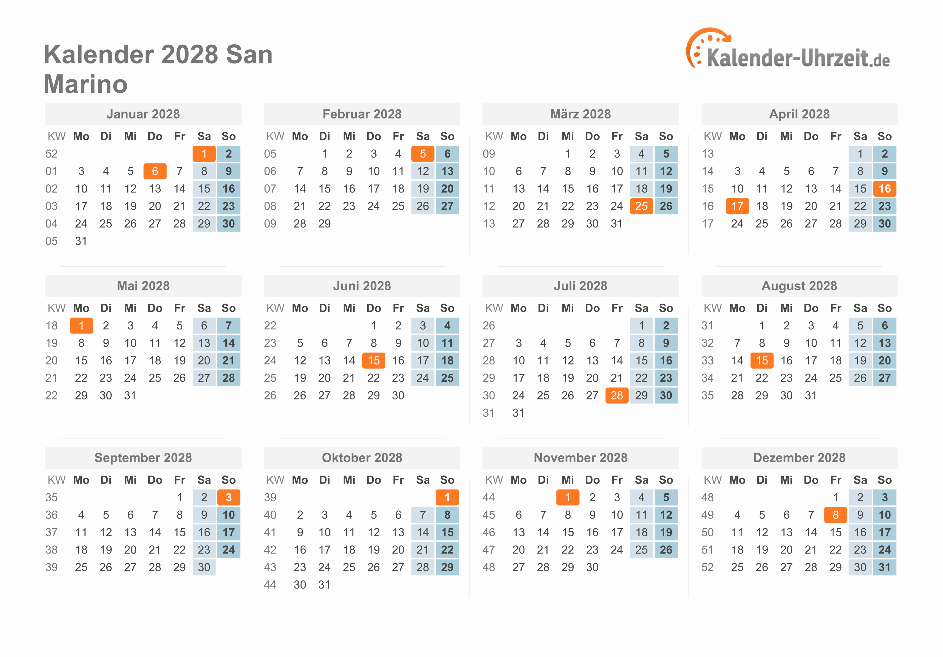 Kalender 2028 San Marino mit Feiertagen