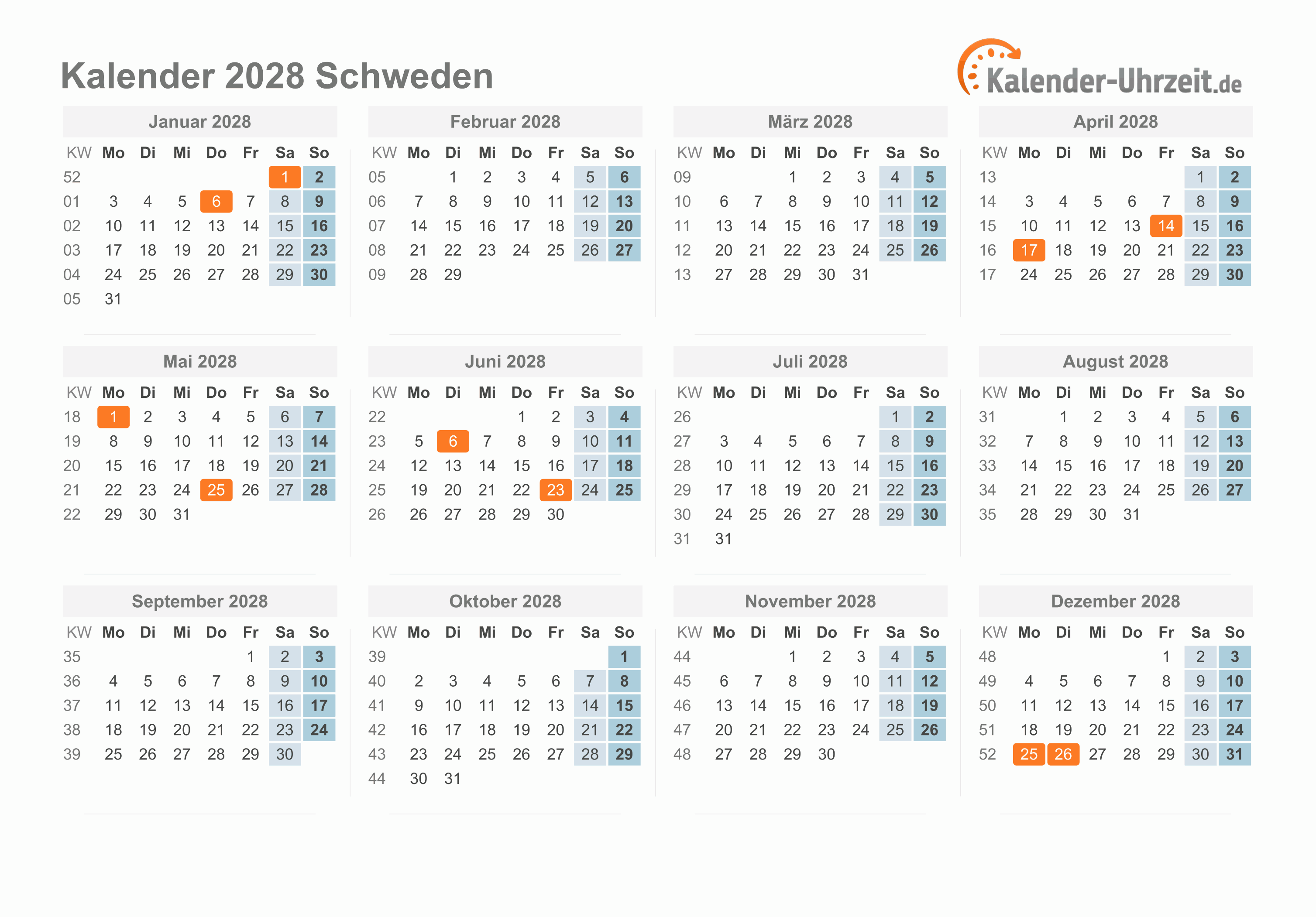 Kalender 2028 Schweden mit Feiertagen