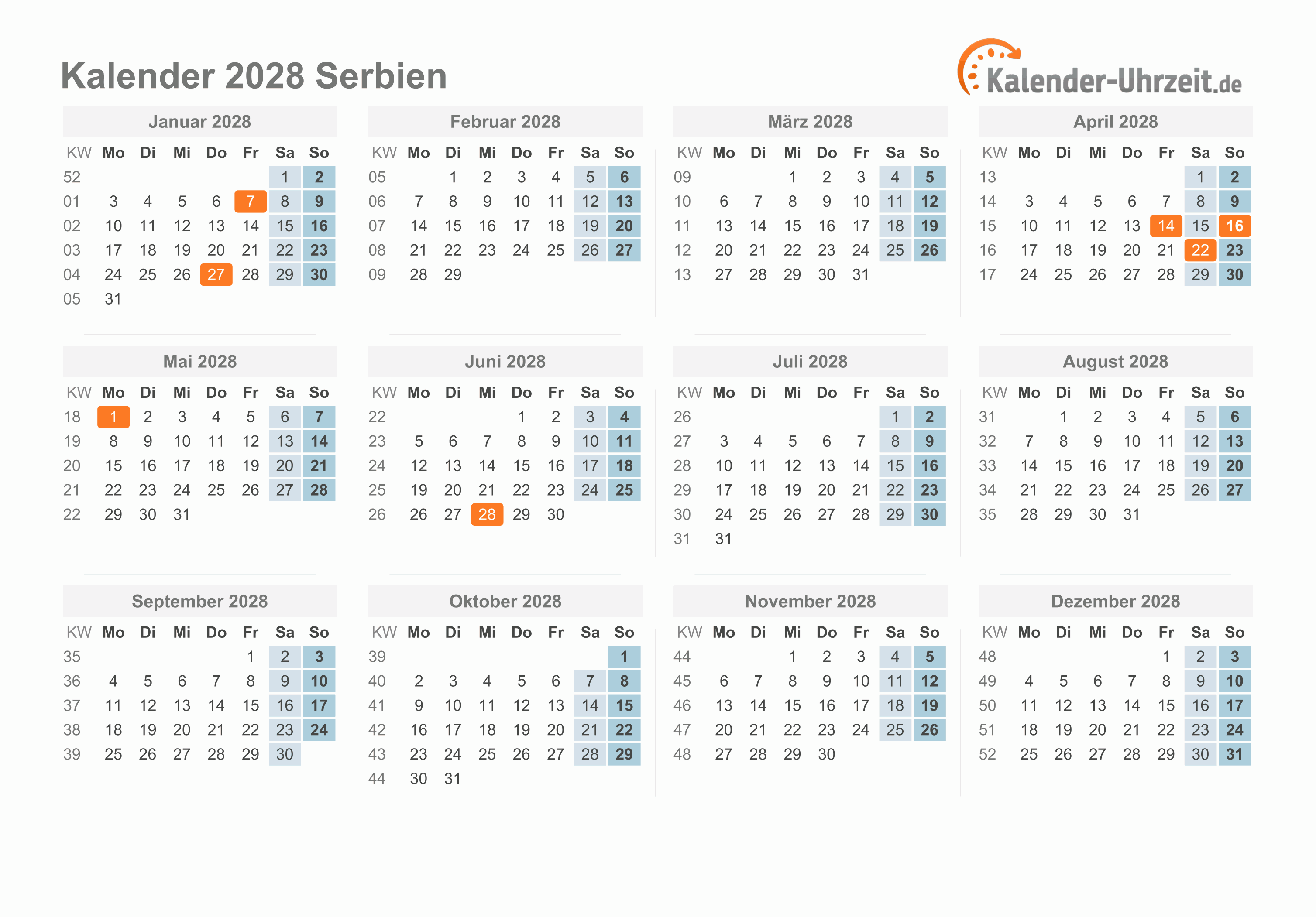 Kalender 2028 Serbien mit Feiertagen