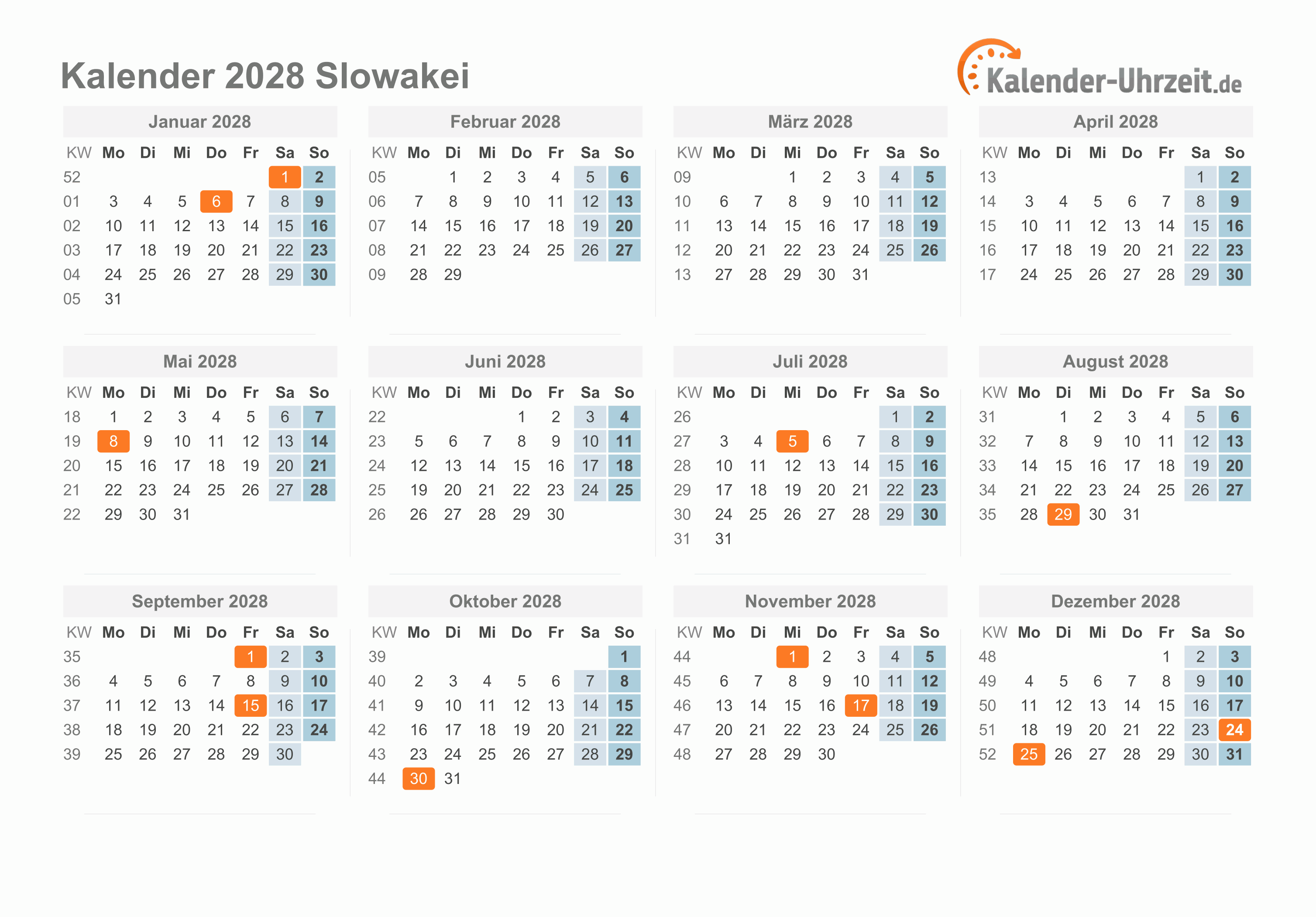 Kalender 2028 Slowakei mit Feiertagen