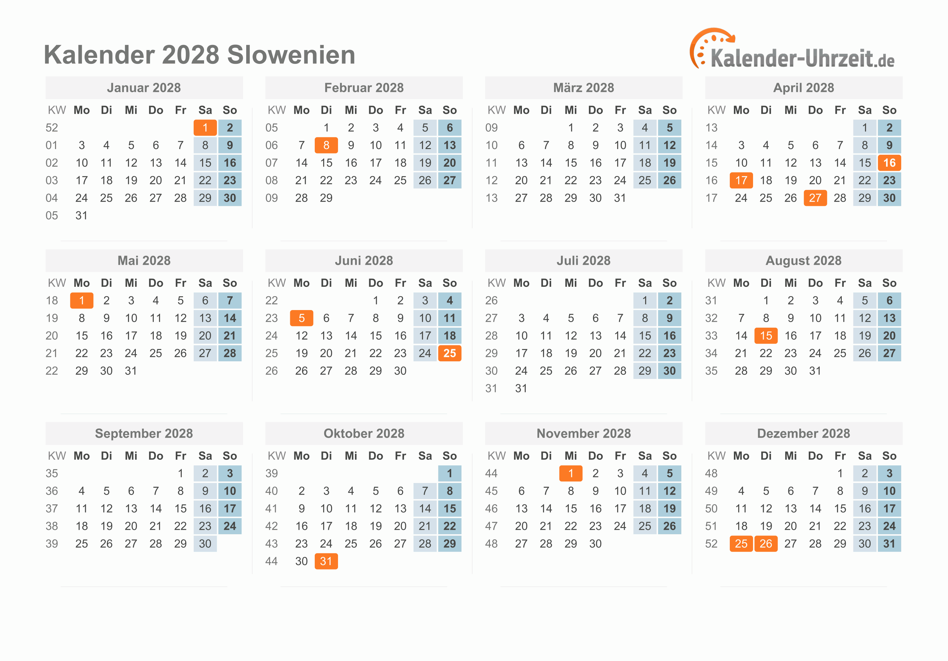 Kalender 2028 Slowenien mit Feiertagen