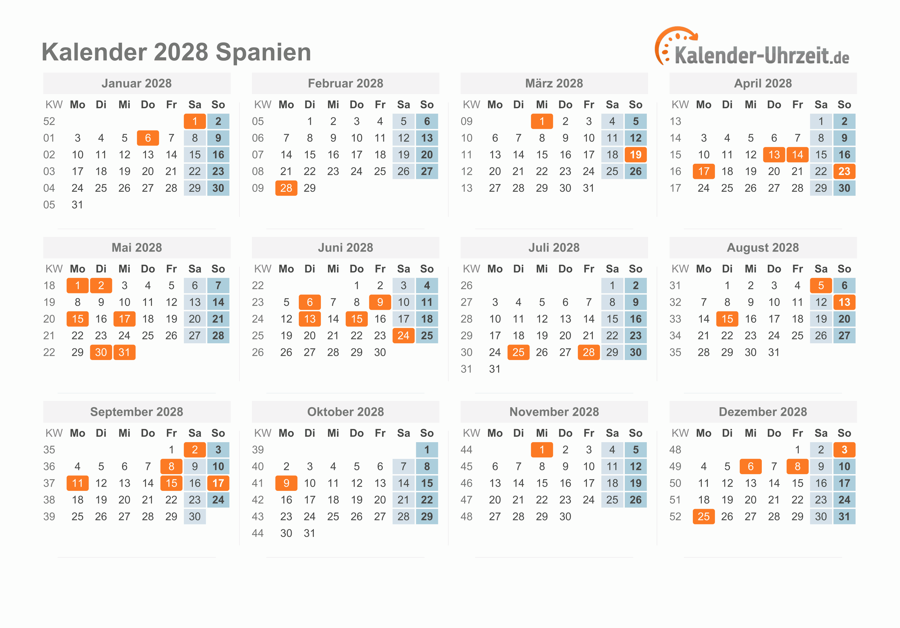 Kalender 2028 Spanien mit Feiertagen