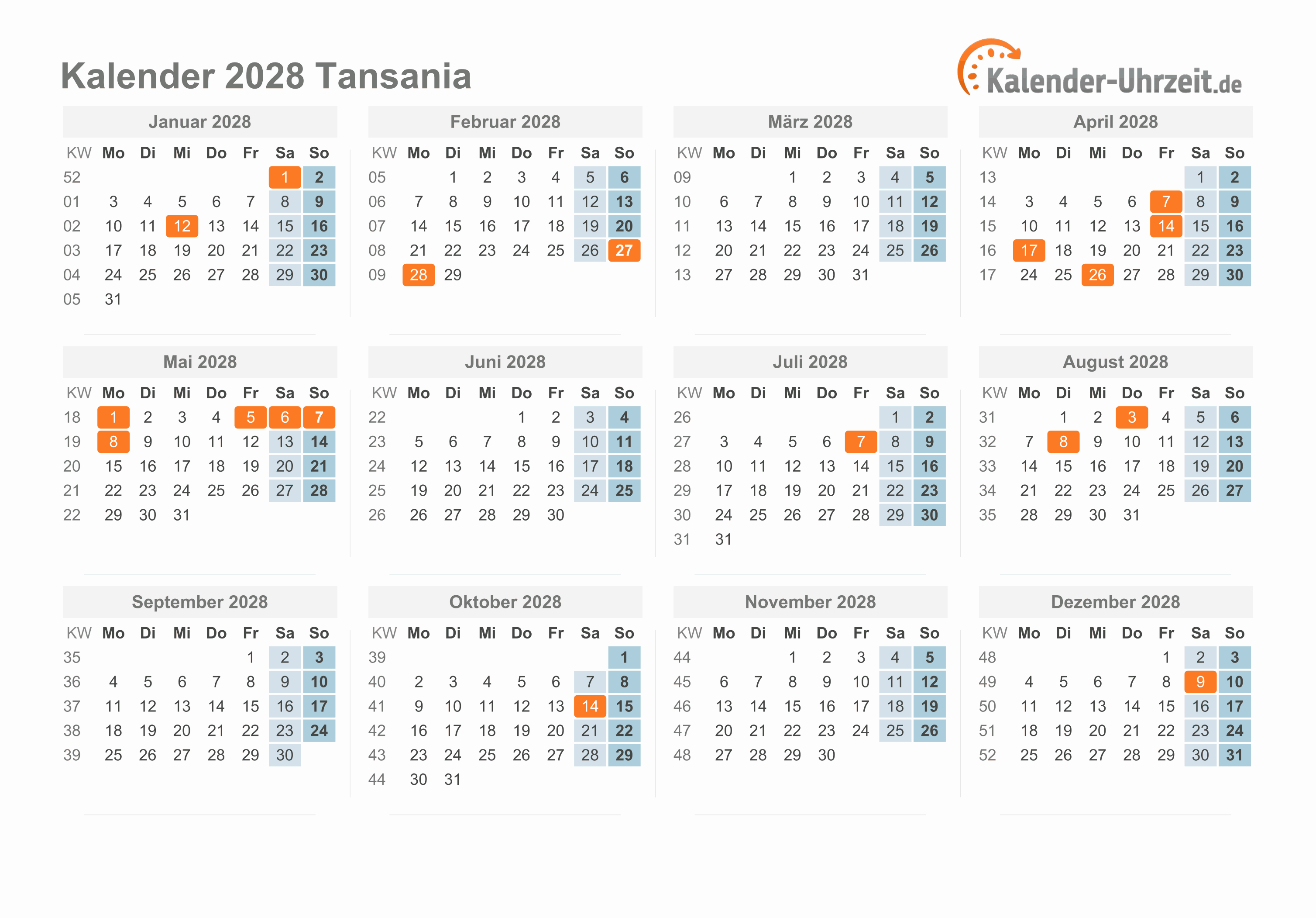 Kalender 2028 Tansania mit Feiertagen