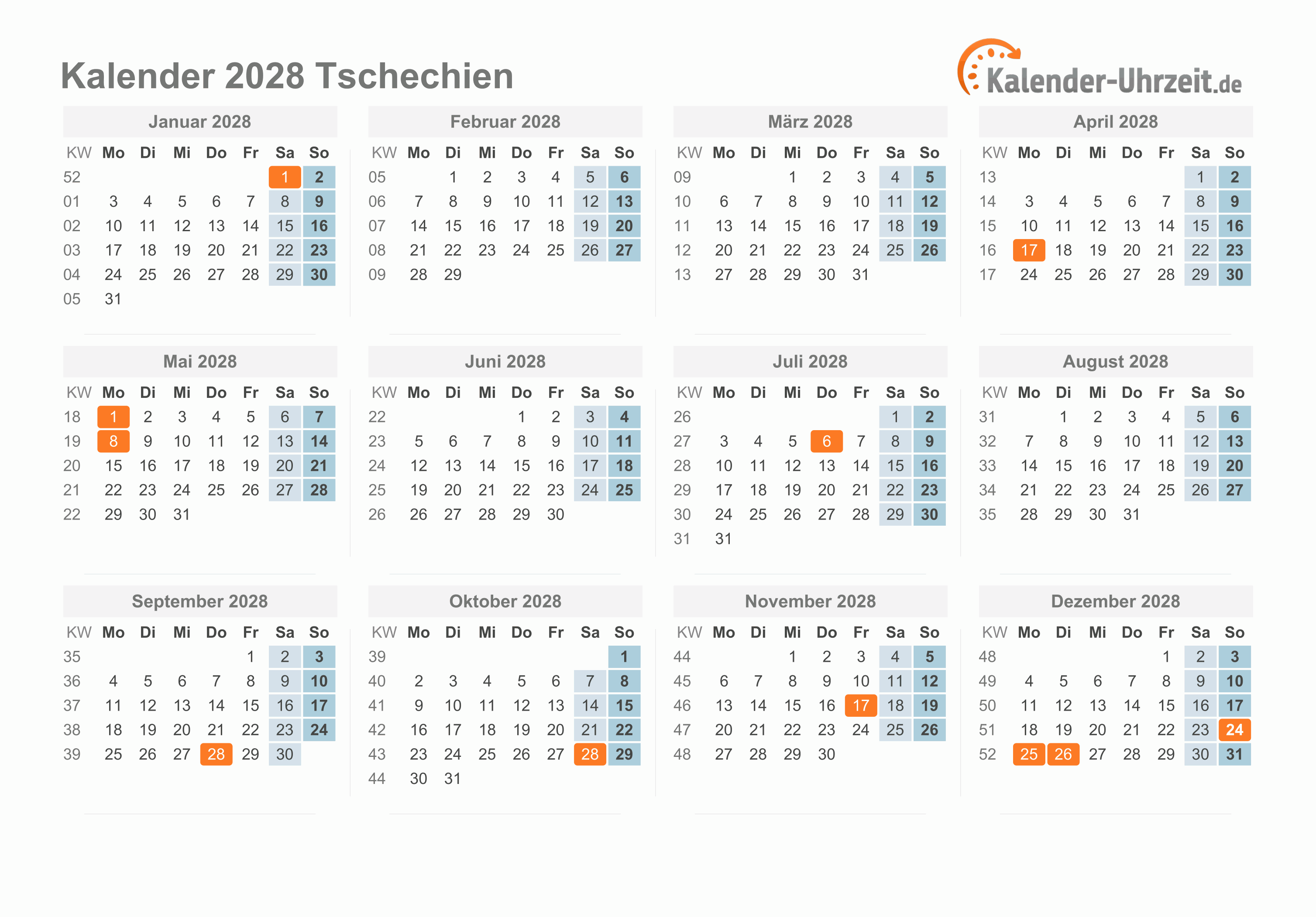 Kalender 2028 Tschechien mit Feiertagen