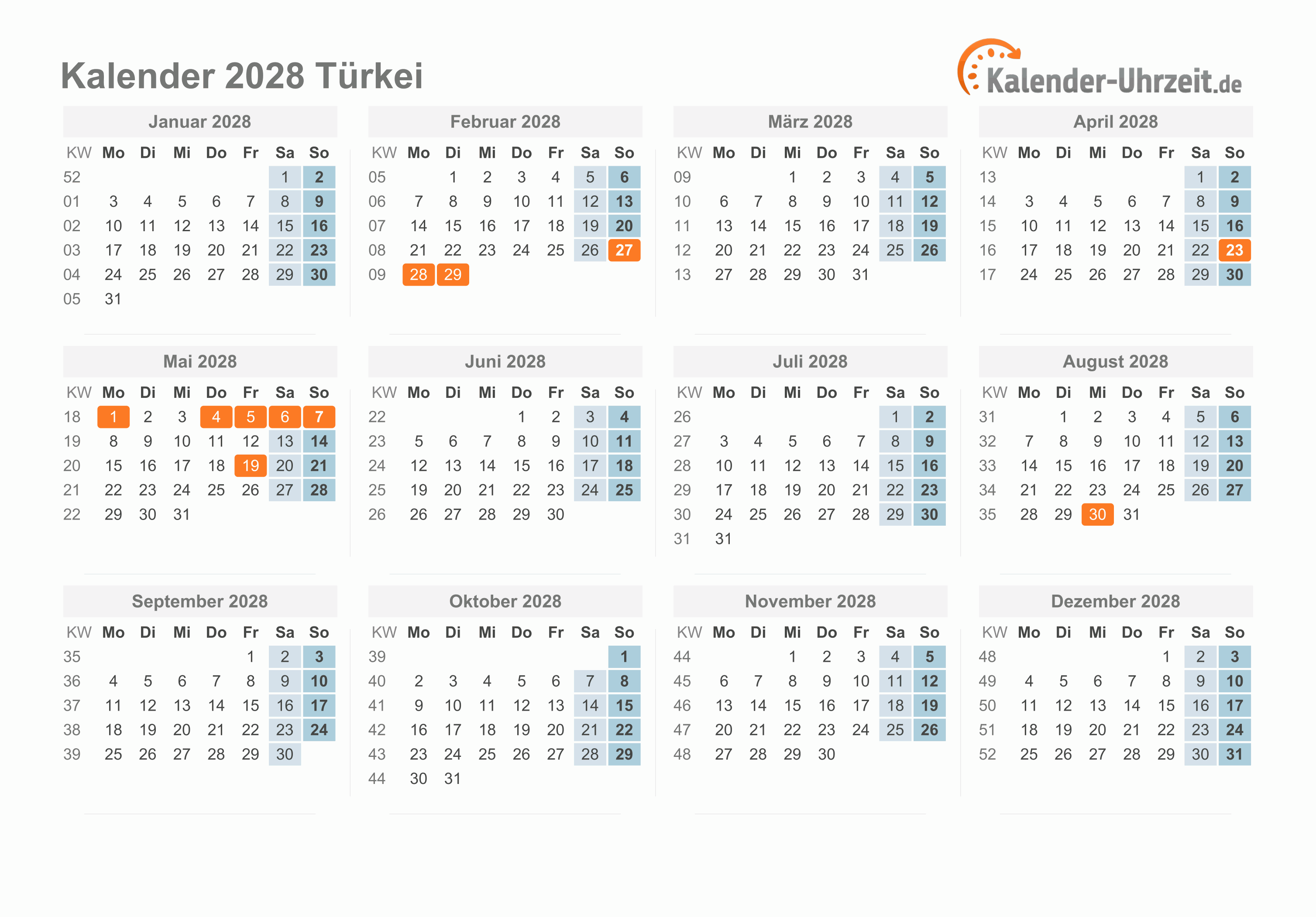 Kalender 2028 Türkei mit Feiertagen