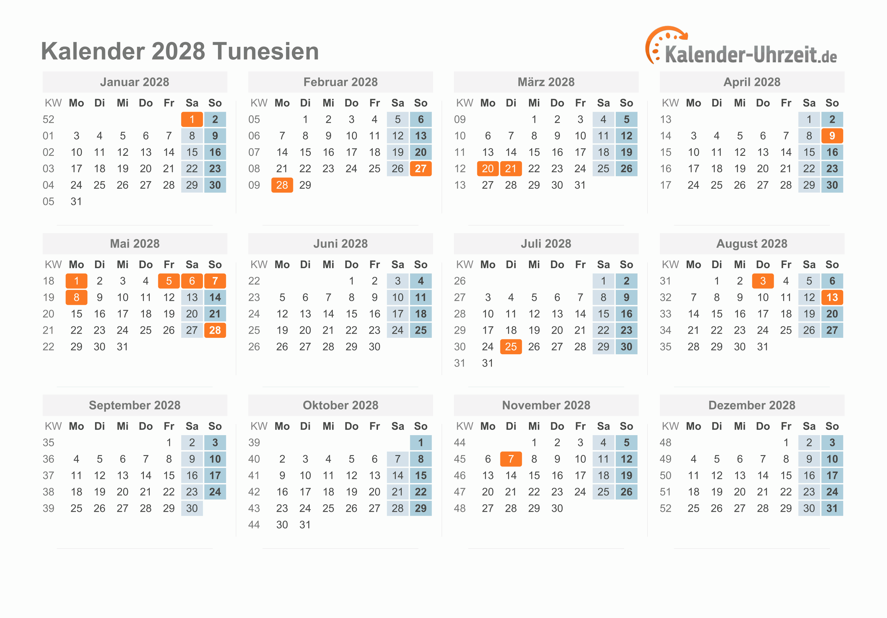 Kalender 2028 Tunesien mit Feiertagen