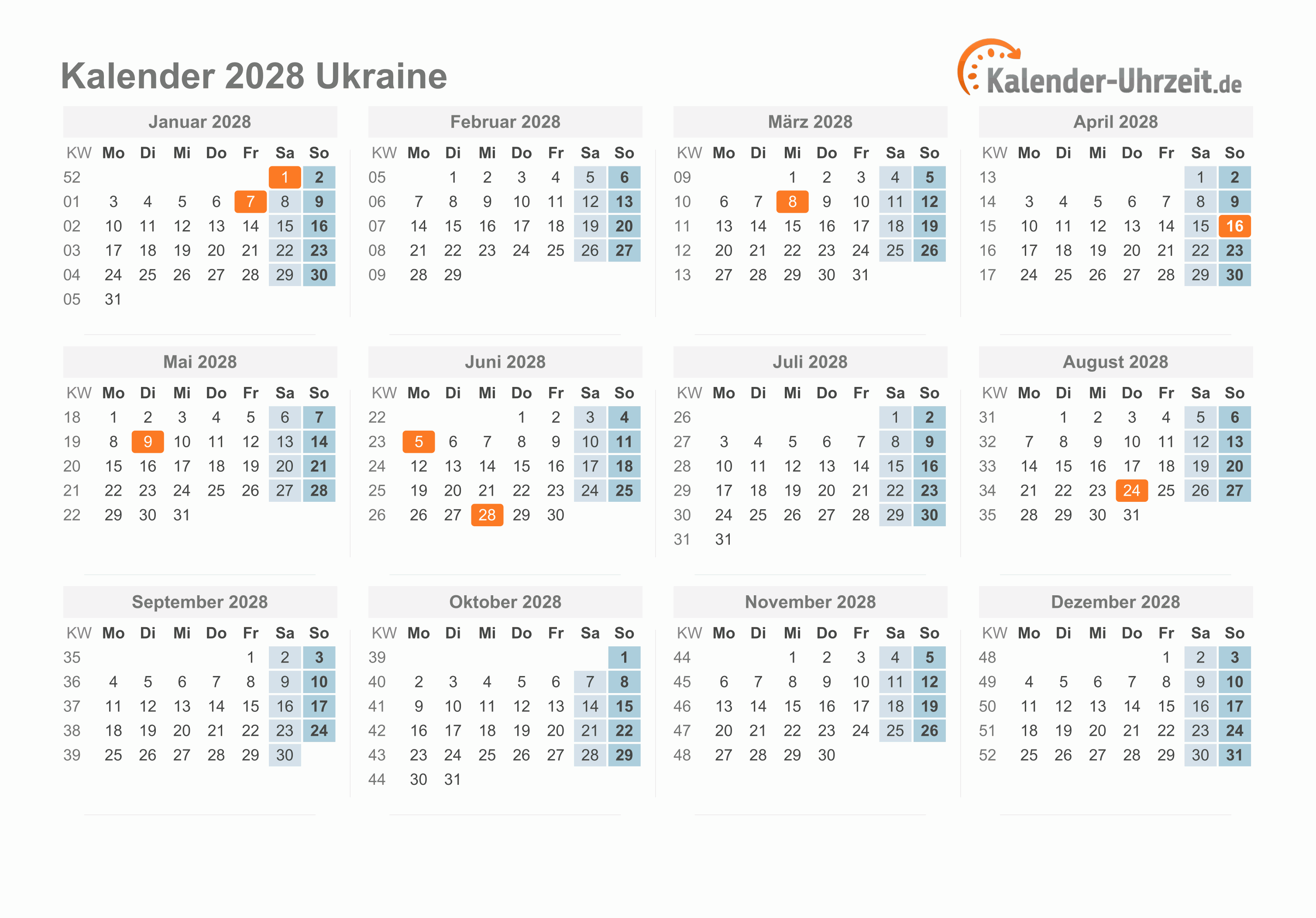 Kalender 2028 Ukraine mit Feiertagen