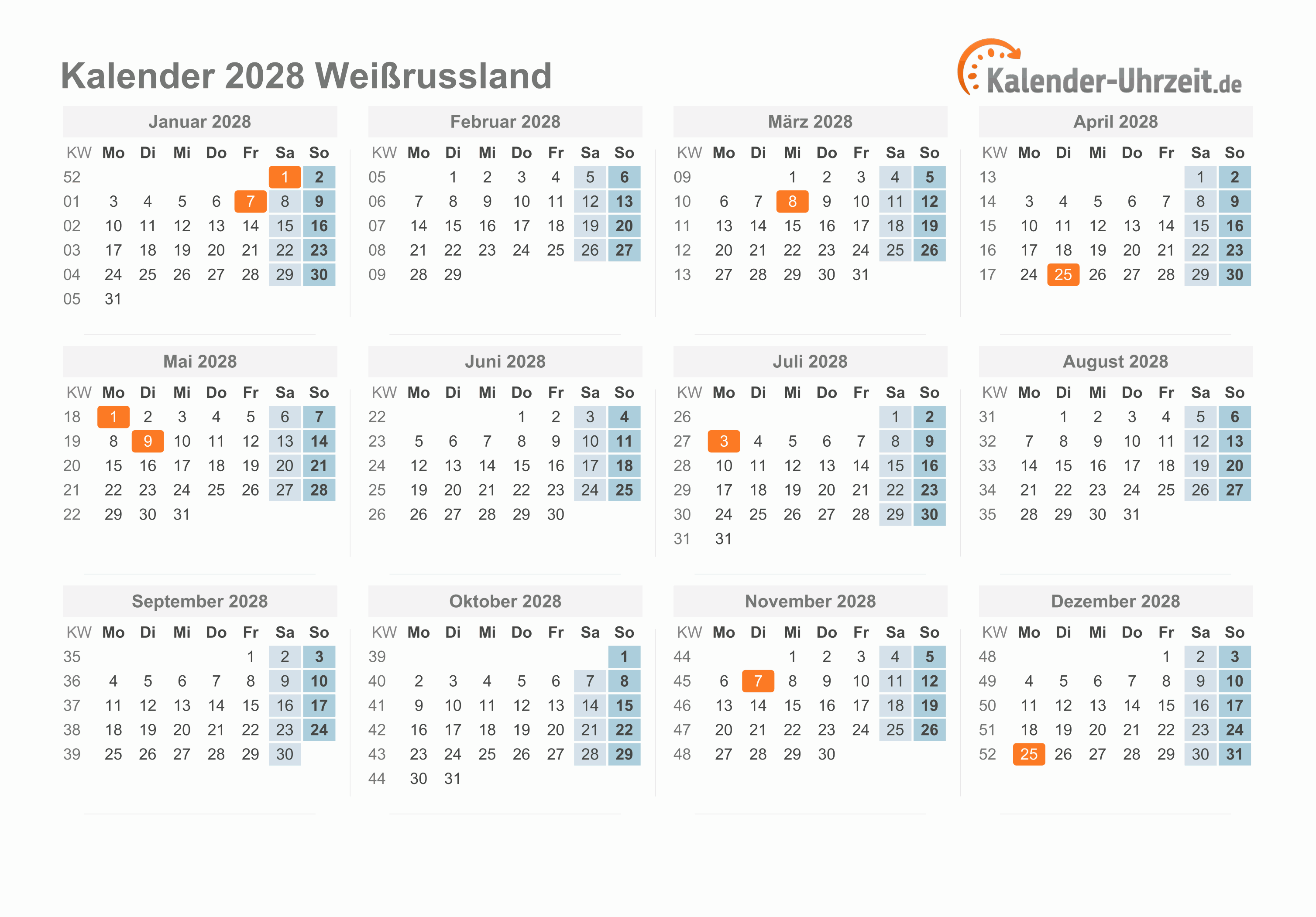 Kalender 2028 Weißrussland mit Feiertagen