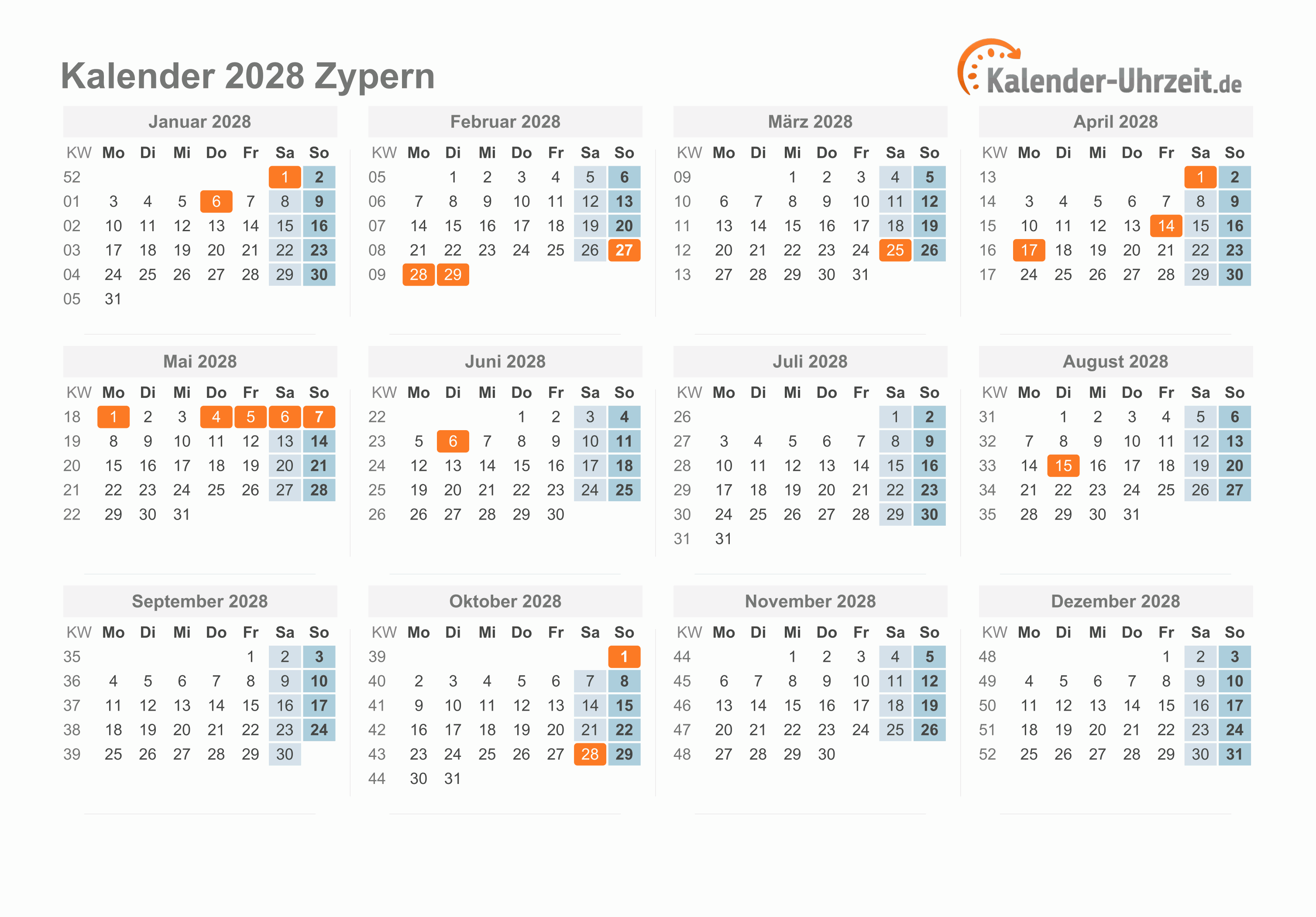 Kalender 2028 Zypern mit Feiertagen