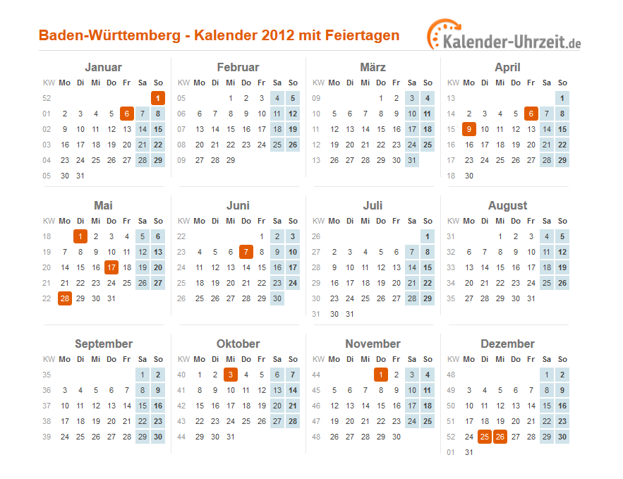 2012 württemberg kalender baden Feiertage Baden