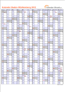 Baden-Württemberg Kalender 2012 mit Feiertagen - hoch-einseitig