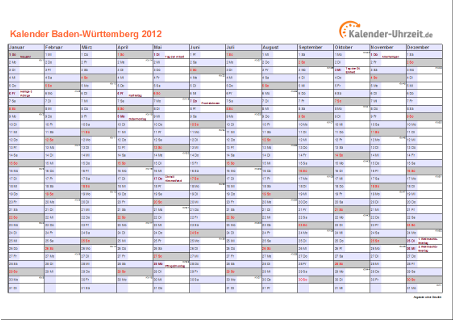 Baden-Württemberg Kalender 2012 mit Feiertagen - quer-einseitig