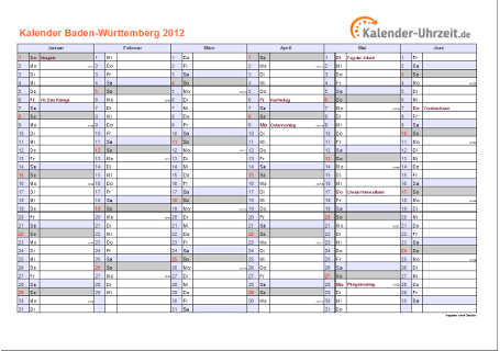 Baden-Württemberg Kalender 2012 mit Feiertagen - quer-zweiseitig