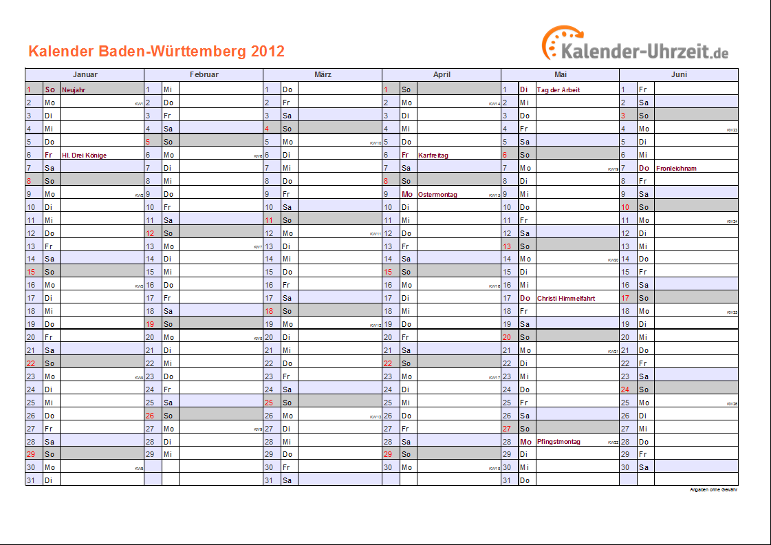 Kalender 2012 baden württemberg
