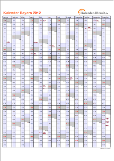 Bayern Kalender 2012 mit Feiertagen - hoch-einseitig