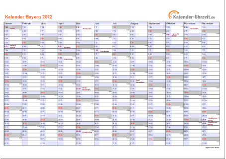 Bayern Kalender 2012 mit Feiertagen - quer-einseitig