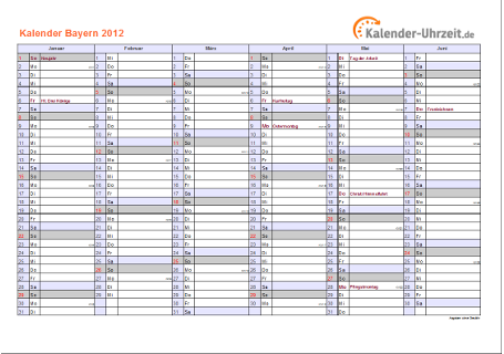 Bayern Kalender 2012 mit Feiertagen - quer-zweiseitig