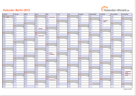Berlin Kalender 2012 mit Feiertagen - quer-einseitig