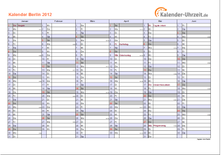 Berlin Kalender 2012 - A4 quer-zweiseitig Berlin Kalender 2012 mit Feiertagen - quer-zweiseitig