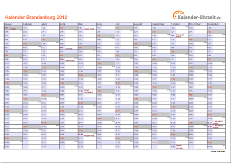 Brandenburg Kalender 2012 mit Feiertagen - quer-einseitig