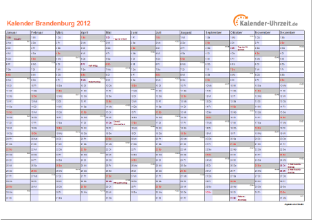 Brandenburg Kalender 2012 - A4 quer-einseitig Brandenburg Kalender 2012 mit Feiertagen - quer-einseitig