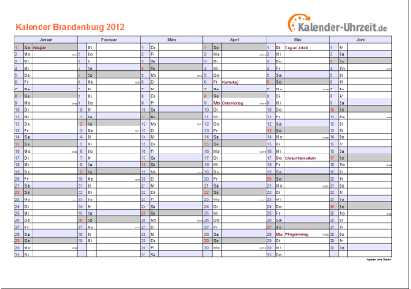 Brandenburg Kalender 2012 mit Feiertagen - quer-zweiseitig