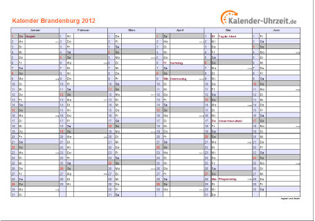 Brandenburg Kalender 2012 - A4 quer-zweiseitig Brandenburg Kalender 2012 mit Feiertagen - quer-zweiseitig