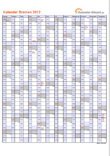 Bremen Kalender 2012 mit Feiertagen - hoch-einseitig