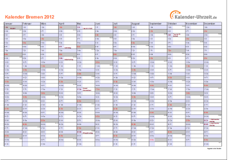 Bremen Kalender 2012 mit Feiertagen - quer-einseitig
