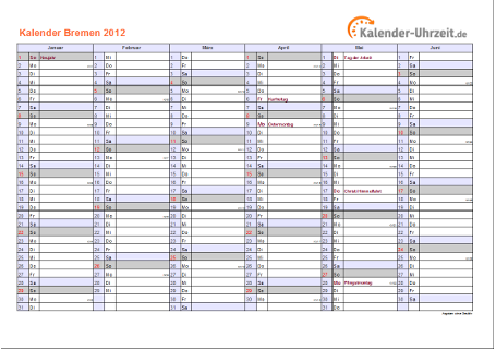 Bremen Kalender 2012 mit Feiertagen - quer-zweiseitig