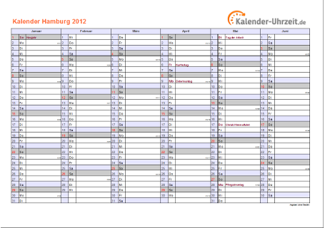Hamburg Kalender 2012 - A4 quer-zweiseitig Hamburg Kalender 2012 mit Feiertagen - quer-zweiseitig