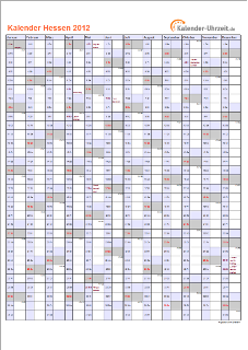 Hessen Kalender 2012 mit Feiertagen - hoch-einseitig