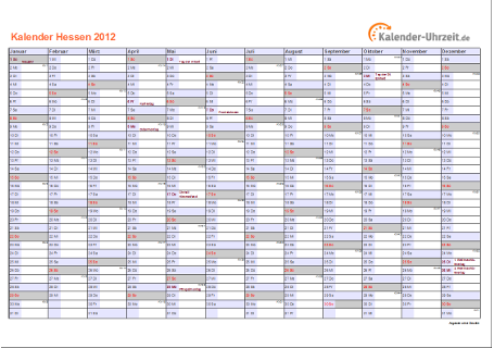 Hessen Kalender 2012 mit Feiertagen - quer-einseitig