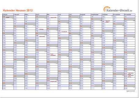 Hessen Kalender 2012 - A4 quer-einseitig Hessen Kalender 2012 mit Feiertagen - quer-einseitig