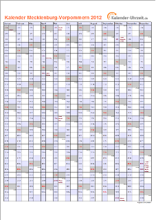 Meck.-Pomm. Kalender 2012 mit Feiertagen - hoch-einseitig