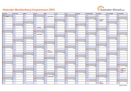 Meck.-Pomm. Kalender 2012 mit Feiertagen - quer-einseitig