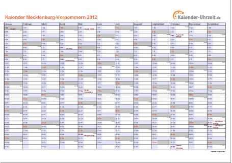 Meck.-Pomm. Kalender 2012 - A4 quer-einseitig Meck.-Pomm. Kalender 2012 mit Feiertagen - quer-einseitig